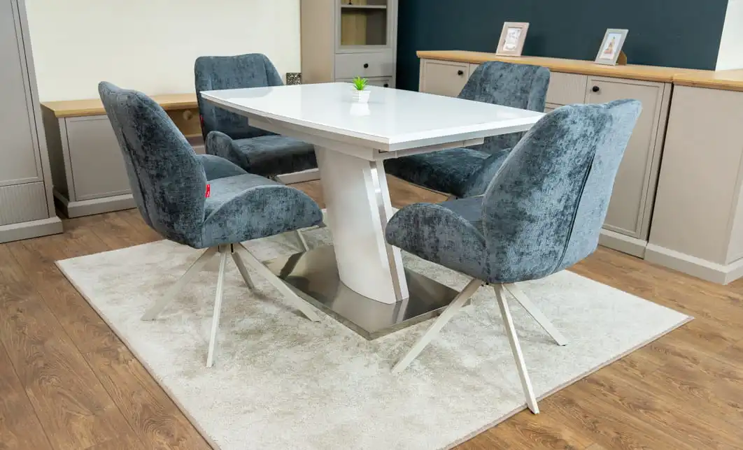 Set Masă Living Extensibilă KJT380 Blat Lucios Alb cu 4 Scaune Rotative DCM0104CS Gri 2