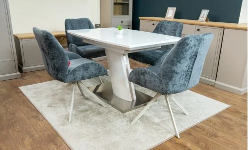 Set Masă Living Extensibilă KJT380 Blat Lucios Alb cu 4 Scaune Rotative DCM0104CS Gri