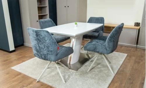 Set Masă Living Extensibilă KJT380 Blat Lucios Alb cu 4 Scaune Rotative DCM0104CS Gri