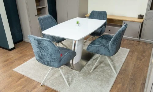 Set Masă Living Extensibilă KJT380 Blat Lucios Alb cu 4 Scaune Rotative DCM0104CS Gri