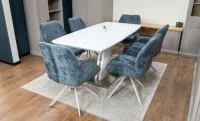Set Masă Living Extensibilă KJT380 Blat Lucios Alb cu 6 Scaune Rotative DCM0104CS Gri 4