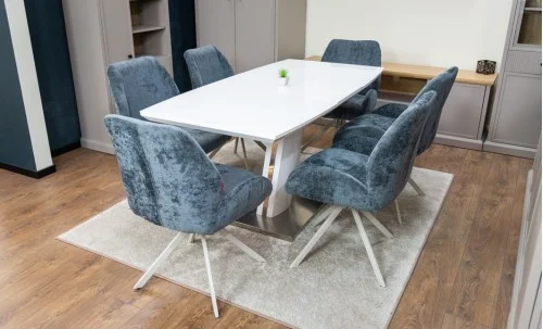 Set Masă Living Extensibilă KJT380 Blat Lucios Alb cu 6 Scaune Rotative DCM0104CS Gri
