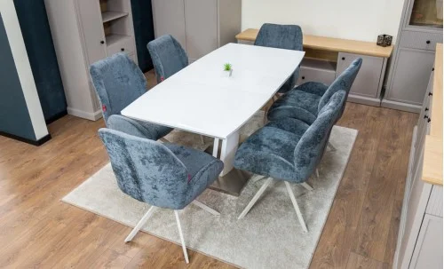 Set Masă Living Extensibilă KJT380 Blat Lucios Alb cu 6 Scaune Rotative DCM0104CS Gri