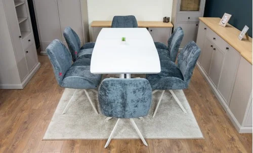 Set Masă Living Extensibilă KJT380 Blat Lucios Alb cu 6 Scaune Rotative DCM0104CS Gri
