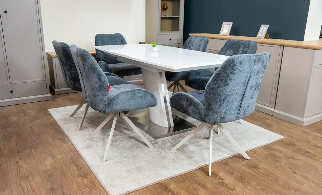 Set Masă Living Extensibilă KJT380 Blat Lucios Alb cu 6 Scaune Rotative DCM0104CS Gri 2