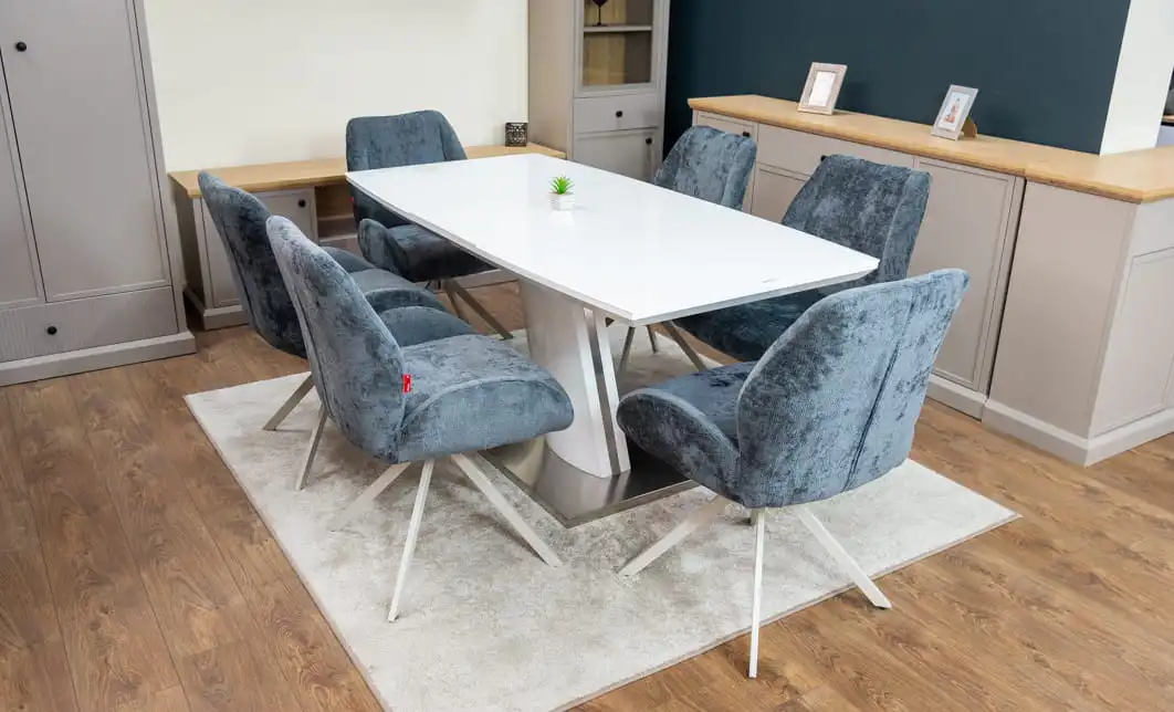 Set Masă Living Extensibilă KJT380 Blat Lucios Alb cu 6 Scaune Rotative DCM0104CS Gri