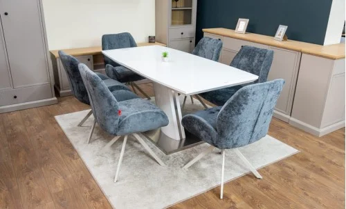 Set Masă Living Extensibilă KJT380 Blat Lucios Alb cu 6 Scaune Rotative DCM0104CS Gri