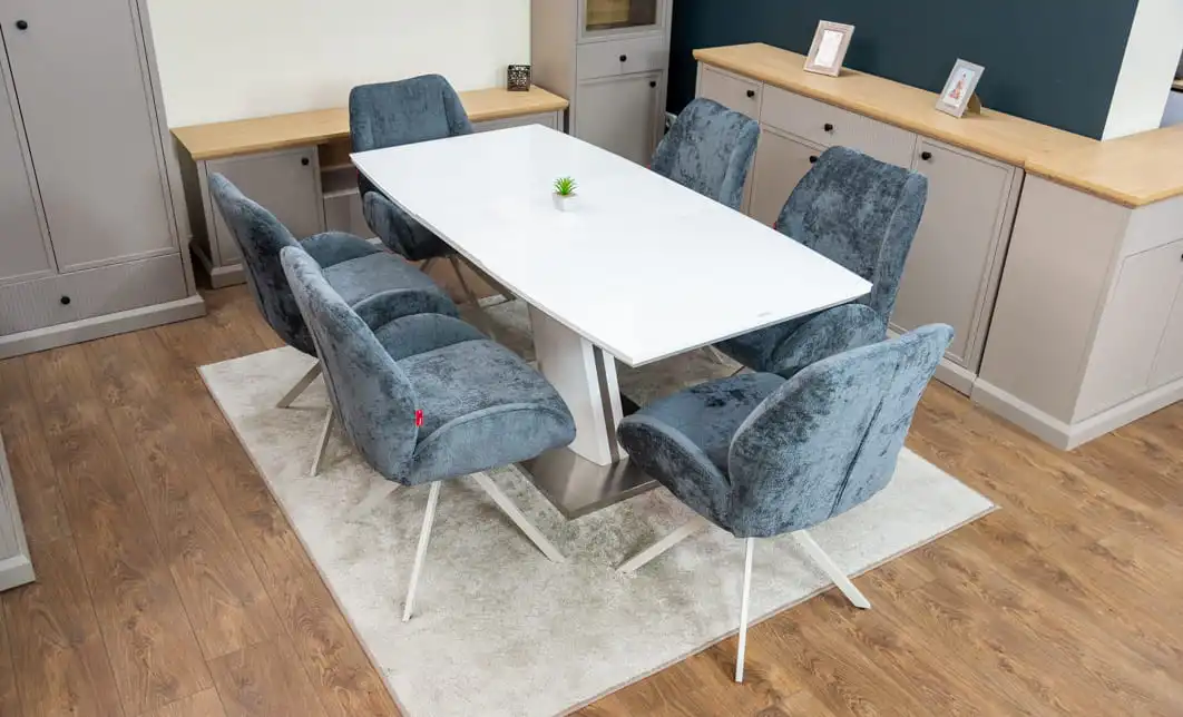 Set Masă Living Extensibilă KJT380 Blat Lucios Alb cu 6 Scaune Rotative DCM0104CS Gri 1