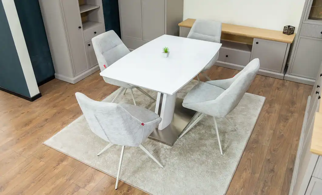 Set Masă Living Extensibilă KJT380 Blat Lucios Alb cu 4 Scaune Rotative DCM0108CS Gri Deschis 5