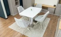 Set Masă Living Extensibilă KJT380 Blat Lucios Alb cu 4 Scaune Rotative DCM0108CS Gri Deschis 5