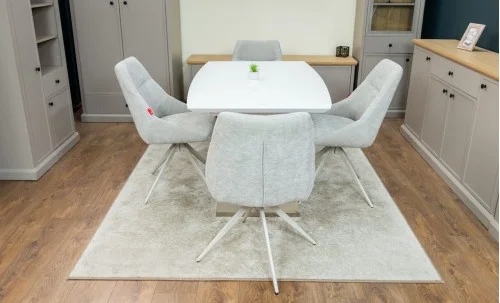 Set Masă Living Extensibilă KJT380 Blat Lucios Alb cu 4 Scaune Rotative DCM0108CS Gri Deschis