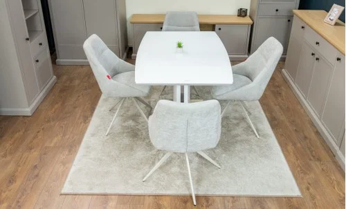 Set Masă Living Extensibilă KJT380 Blat Lucios Alb cu 4 Scaune Rotative DCM0108CS Gri Deschis