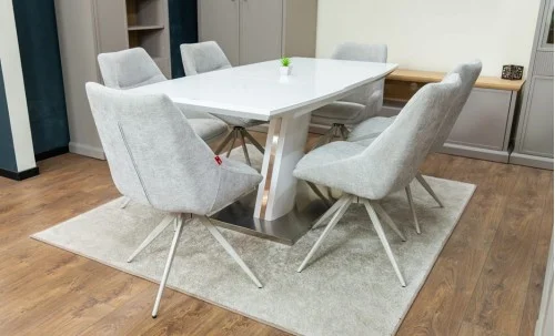 Set Masă Living Extensibilă KJT380 Blat Lucios Alb cu 6 Scaune Rotative DCM0108CS Gri Deschis