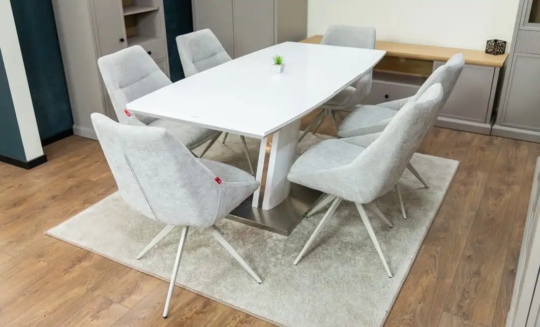 Set Masă Living Extensibilă KJT380 Blat Lucios Alb cu 6 Scaune Rotative DCM0108CS Gri Deschis 4