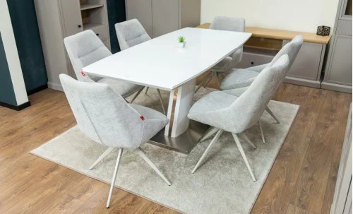 Set Masă Living Extensibilă KJT380 Blat Lucios Alb cu 6 Scaune Rotative DCM0108CS Gri Deschis
