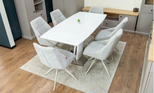 Set Masă Living Extensibilă KJT380 Blat Lucios Alb cu 6 Scaune Rotative DCM0108CS Gri Deschis