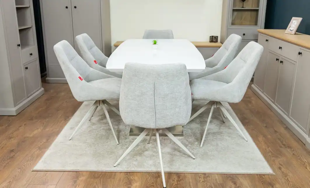 Set Masă Living Extensibilă KJT380 Blat Lucios Alb cu 6 Scaune Rotative DCM0108CS Gri Deschis 6