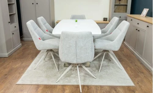 Set Masă Living Extensibilă KJT380 Blat Lucios Alb cu 6 Scaune Rotative DCM0108CS Gri Deschis