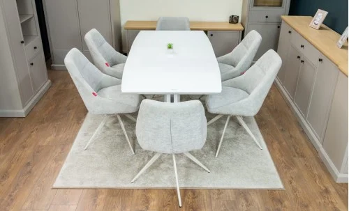 Set Masă Living Extensibilă KJT380 Blat Lucios Alb cu 6 Scaune Rotative DCM0108CS Gri Deschis