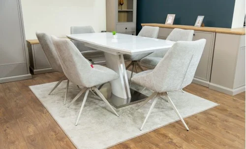 Set Masă Living Extensibilă KJT380 Blat Lucios Alb cu 6 Scaune Rotative DCM0108CS Gri Deschis