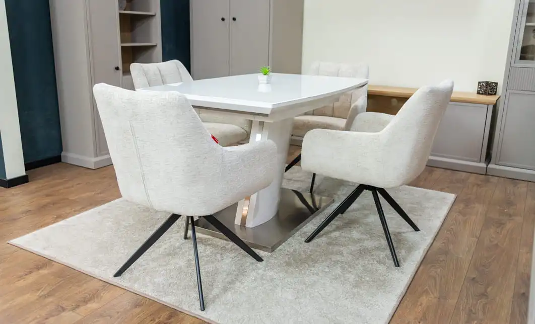 Set Masă Living Extensibilă KJT380 Blat Lucios Alb cu 4 Scaune DCM0112AS Bej 3