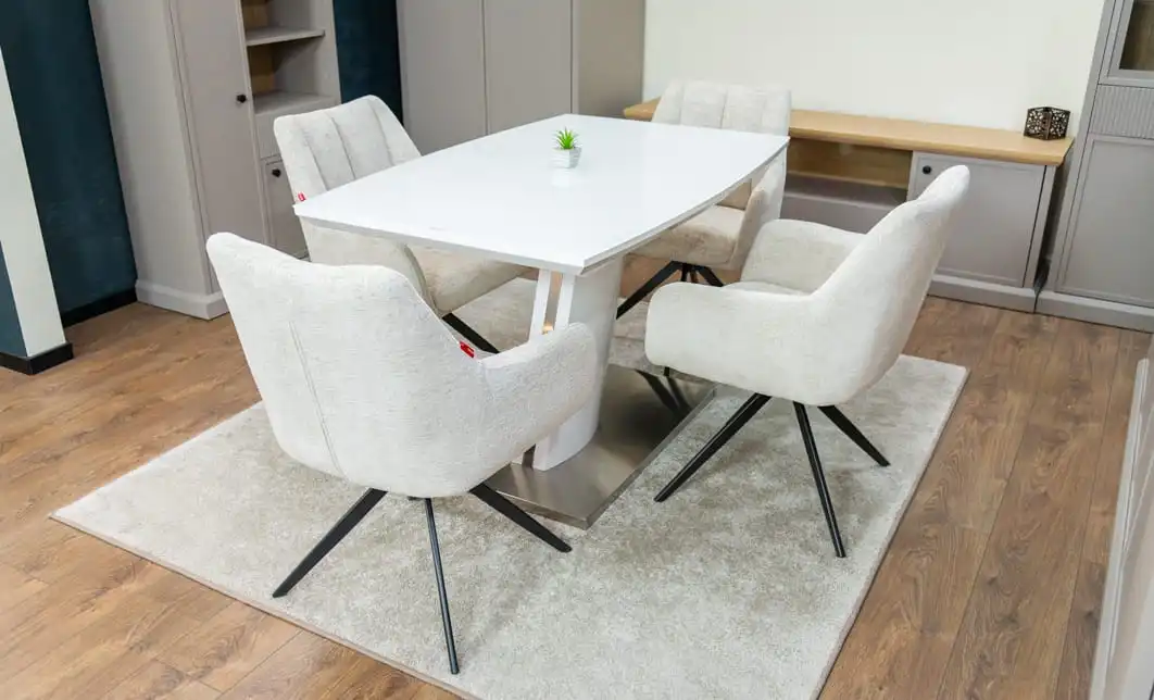 Set Masă Living Extensibilă KJT380 Blat Lucios Alb cu 4 Scaune DCM0112AS Bej 4