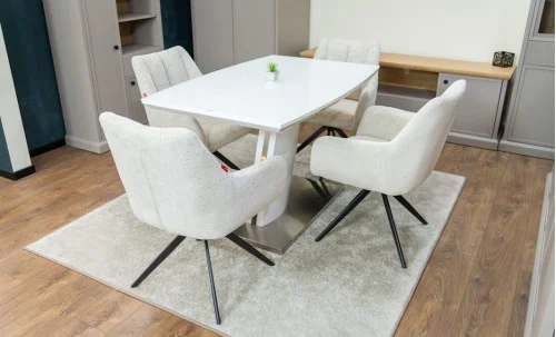Set Masă Living Extensibilă KJT380 Blat Lucios Alb cu 4 Scaune DCM0112AS Bej