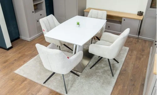 Set Masă Living Extensibilă KJT380 Blat Lucios Alb cu 4 Scaune DCM0112AS Bej