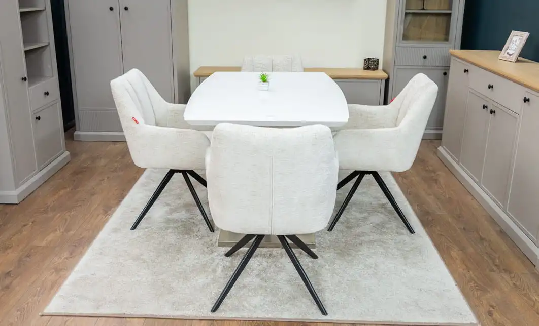 Set Masă Living Extensibilă KJT380 Blat Lucios Alb cu 4 Scaune DCM0112AS Bej 6
