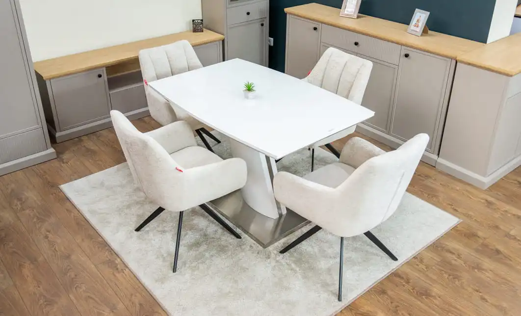 Set Masă Living Extensibilă KJT380 Blat Lucios Alb cu 4 Scaune DCM0112AS Bej 1