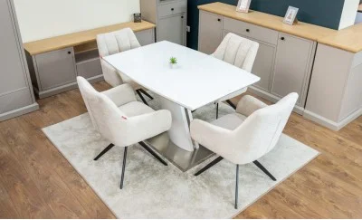 Set Masă Living Extensibilă KJT380 Blat Lucios Alb cu 4 Scaune DCM0112AS Bej