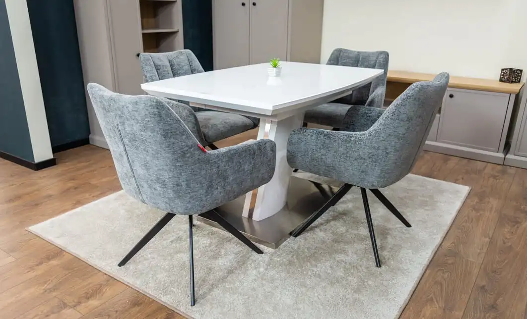 Set Masă Living Extensibilă KJT380 Blat Lucios Alb cu 4 Scaune Rotative DCM0112 Gri 3