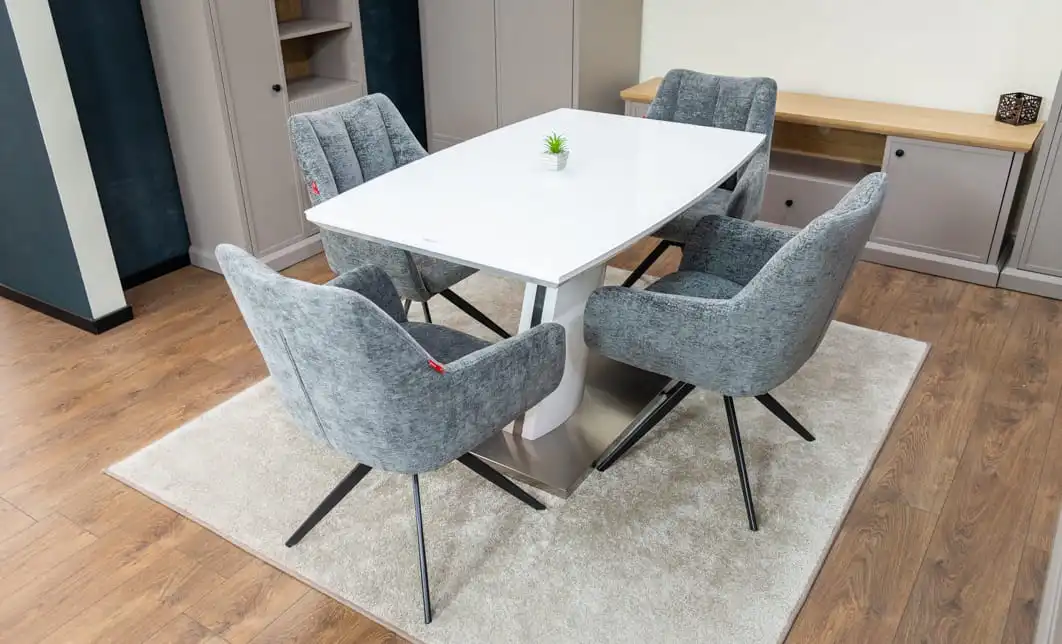 Set Masă Living Extensibilă KJT380 Blat Lucios Alb cu 4 Scaune Rotative DCM0112 Gri 4
