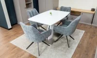 Set Masă Living Extensibilă KJT380 Blat Lucios Alb cu 4 Scaune Rotative DCM0112 Gri 4