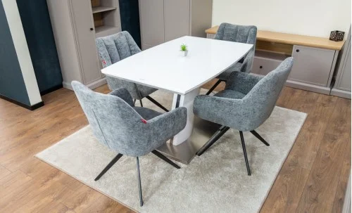 Set Masă Living Extensibilă KJT380 Blat Lucios Alb cu 4 Scaune Rotative DCM0112 Gri