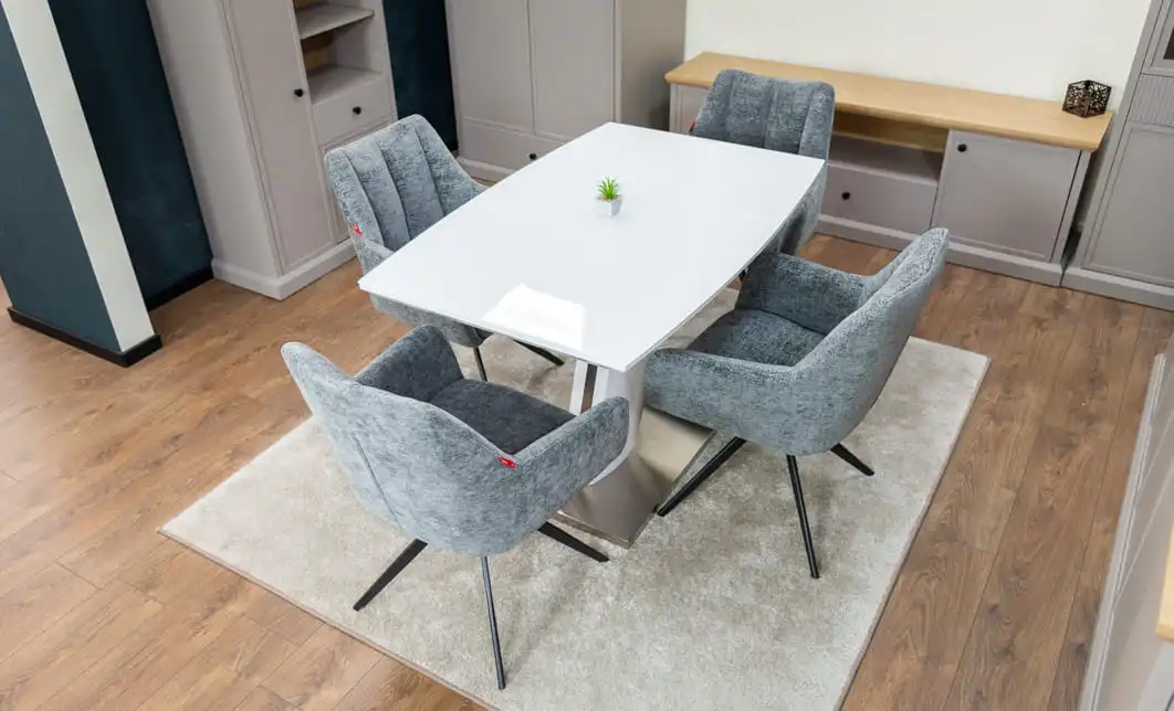 Set Masă Living Extensibilă KJT380 Blat Lucios Alb cu 4 Scaune Rotative DCM0112 Gri 5