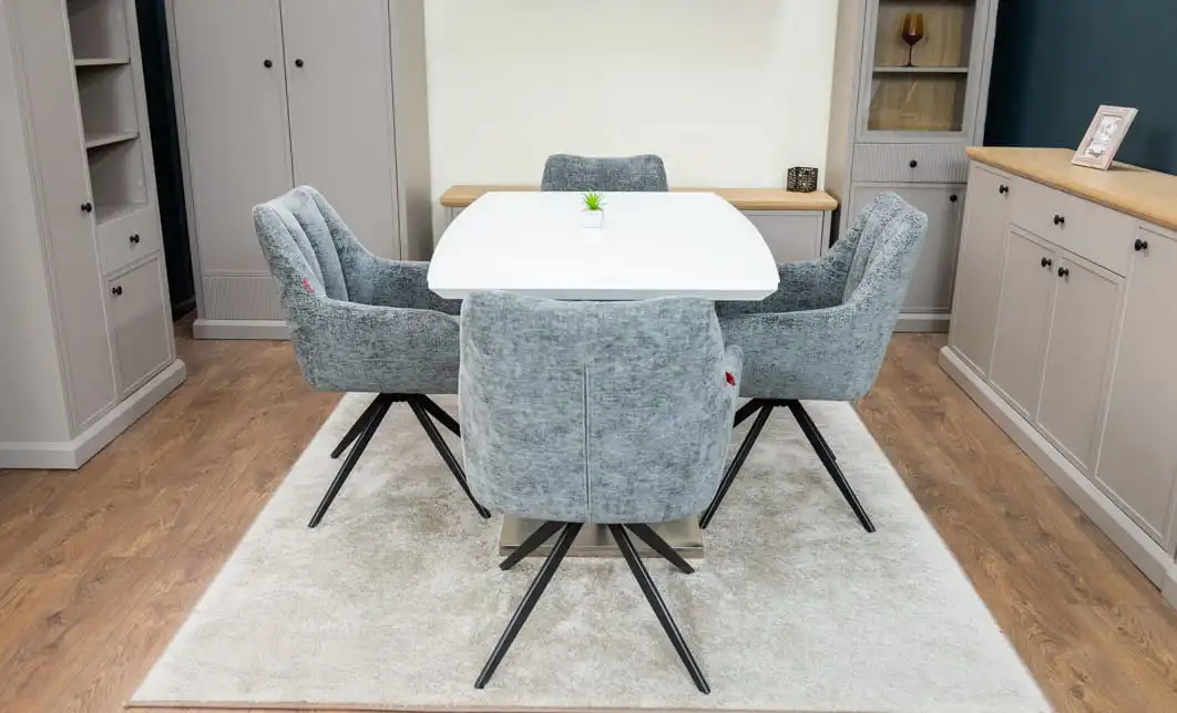 Set Masă Living Extensibilă KJT380 Blat Lucios Alb cu 4 Scaune Rotative DCM0112 Gri 6