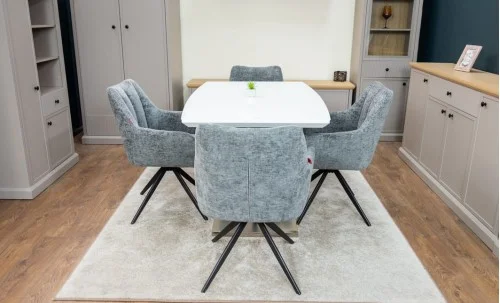 Set Masă Living Extensibilă KJT380 Blat Lucios Alb cu 4 Scaune Rotative DCM0112 Gri