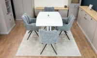 Set Masă Living Extensibilă KJT380 Blat Lucios Alb cu 4 Scaune Rotative DCM0112 Gri 7