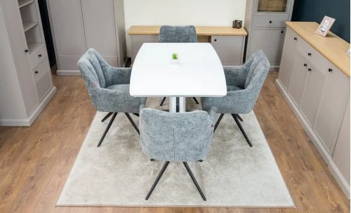 Set Masă Living Extensibilă KJT380 Blat Lucios Alb cu 4 Scaune Rotative DCM0112 Gri