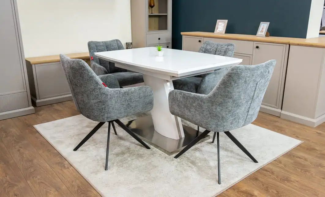 Set Masă Living Extensibilă KJT380 Blat Lucios Alb cu 4 Scaune Rotative DCM0112 Gri 2