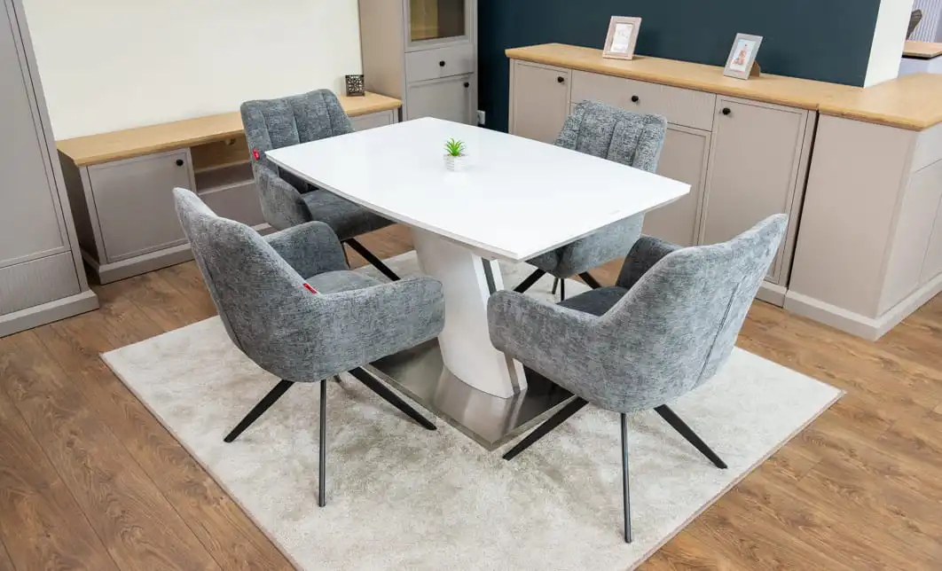 Set Masă Living Extensibilă KJT380 Blat Lucios Alb cu 4 Scaune Rotative DCM0112 Gri