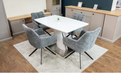 Set Masă Living Extensibilă KJT380 Blat Lucios Alb cu 4 Scaune Rotative DCM0112 Gri