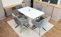 Set Masă Living Extensibilă KJT380 Blat Lucios Alb cu 4 Scaune Rotative DCM0112 Gri