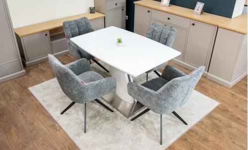 Set Masă Living Extensibilă KJT380 Blat Lucios Alb cu 4 Scaune Rotative DCM0112 Gri