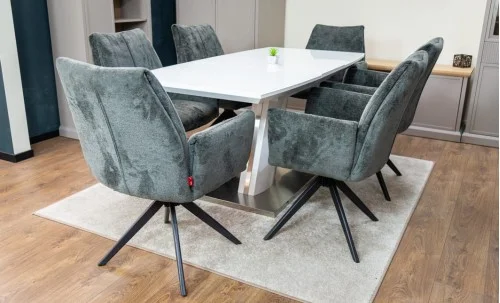 Set Masă Living Extensibilă KJT380 Blat Lucios Alb cu 6 Scaune Rotative DCM0601AS Gri Închis