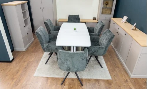 Set Masă Living Extensibilă KJT380 Blat Lucios Alb cu 6 Scaune Rotative DCM0601AS Gri Închis