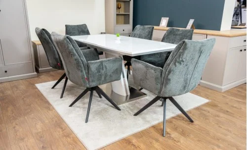 Set Masă Living Extensibilă KJT380 Blat Lucios Alb cu 6 Scaune Rotative DCM0601AS Gri Închis