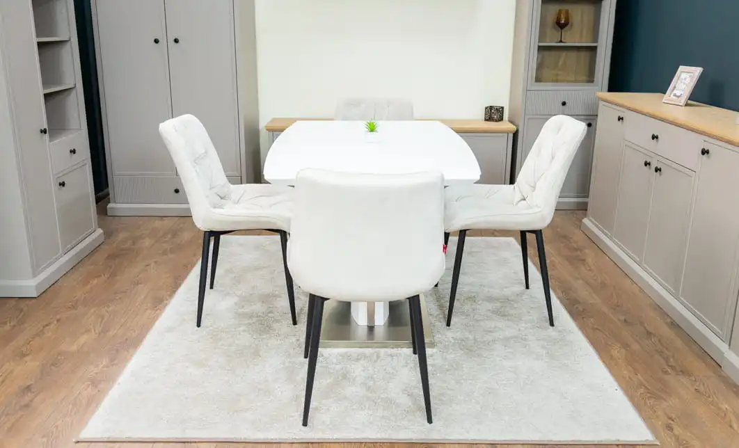 Set Masă Living Extensibilă KJT380 Blat Lucios Alb cu 4 Scaune Tapițate KJC0357 Bej 6