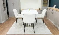 Set Masă Living Extensibilă KJT380 Blat Lucios Alb cu 4 Scaune Tapițate KJC0357 Bej 6